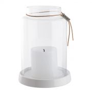 Kerzenhalter mit Glaszylinder - Lederband - weiß